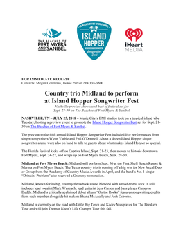 Country Trio Midland to Perform at Island Hopper Songwriter Fest Nashville Preview Showcased Best of Festival Set for Sept