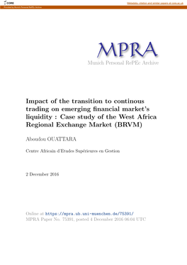 Impact of the Transition to Continous Trading on Emerging ﬁnancial Market’S Liquidity : Case Study of the West Africa Regional Exchange Market (BRVM)