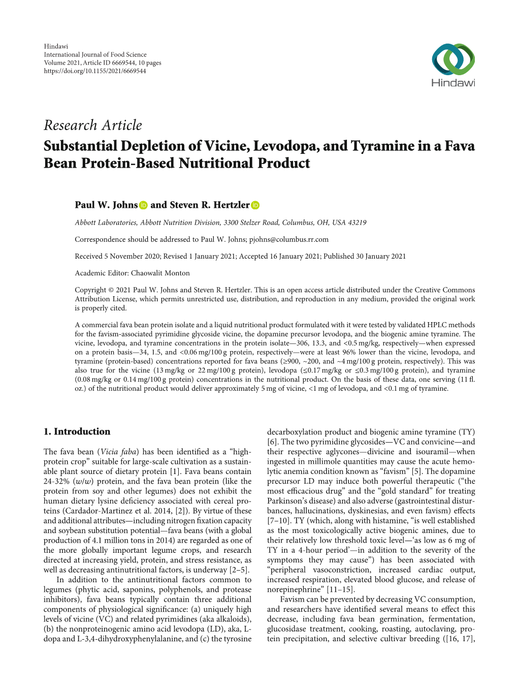 Substantial Depletion of Vicine, Levodopa, and Tyramine in a Fava Bean Protein-Based Nutritional Product