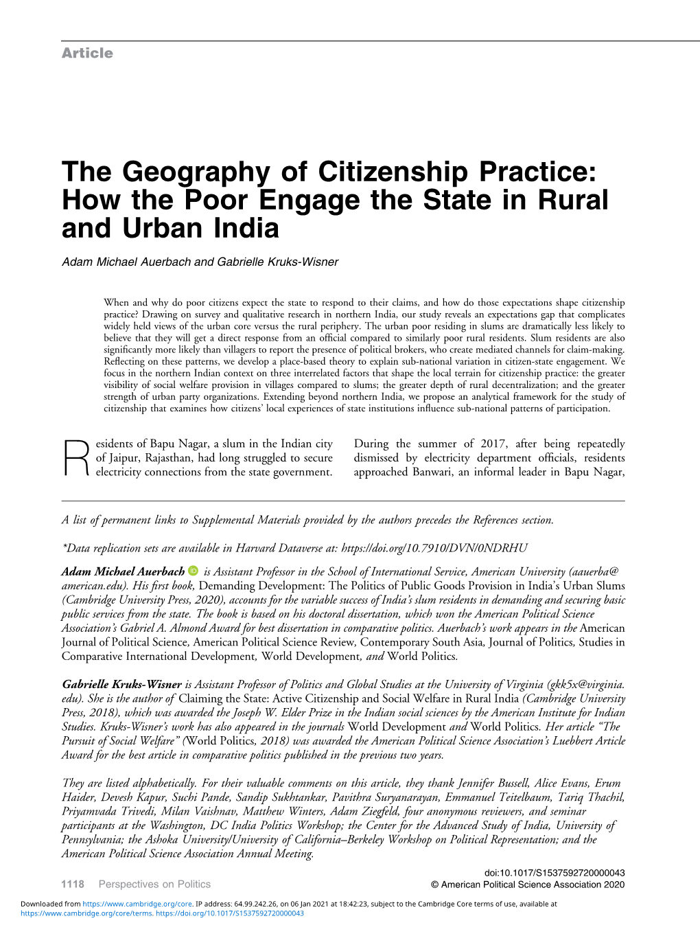 The Geography of Citizenship Practice: How the Poor Engage the State in Rural and Urban India Adam Michael Auerbach and Gabrielle Kruks-Wisner