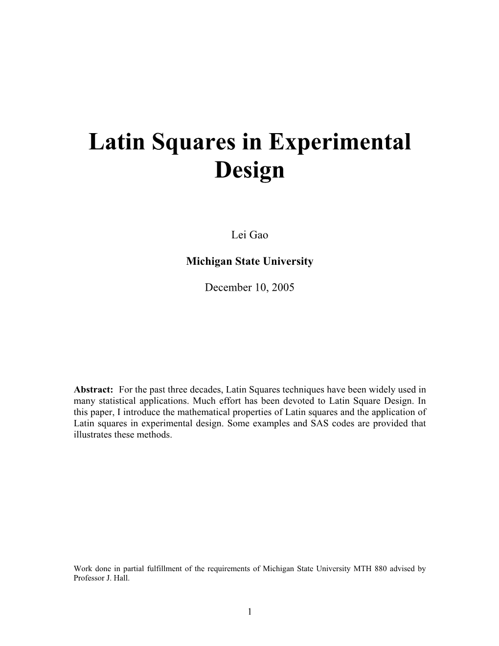 Latin Squares in Experimental Design