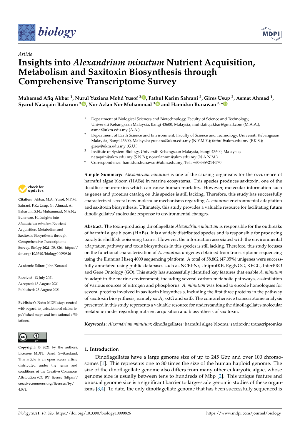 Insights Into Alexandrium Minutum Nutrient Acquisition, Metabolism and Saxitoxin Biosynthesis Through Comprehensive Transcriptome Survey