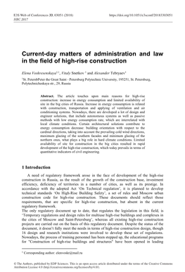 Current-Day Matters of Administration and Law in the Field of High-Rise Construction