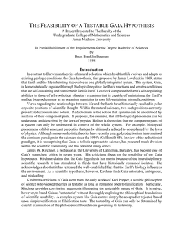 THE FEASIBILITY of a TESTABLE GAIA HYPOTHESIS a Project Presented to the Faculty of the Undergraduate College of Mathematics and Sciences James Madison University