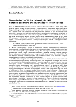 The Revival of the Vilnius University in 1919: Historical Conditions and Importance for Polish Science