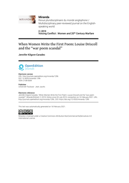 Miranda, 2 | 2010 When Women Write the First Poem: Louise Driscoll and the “War Poem Scandal” 2