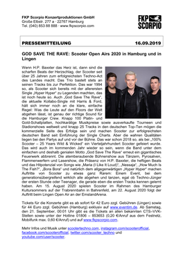 PRESSEMITTEILUNG 16.09.2019 GOD SAVE the RAVE: Scooter