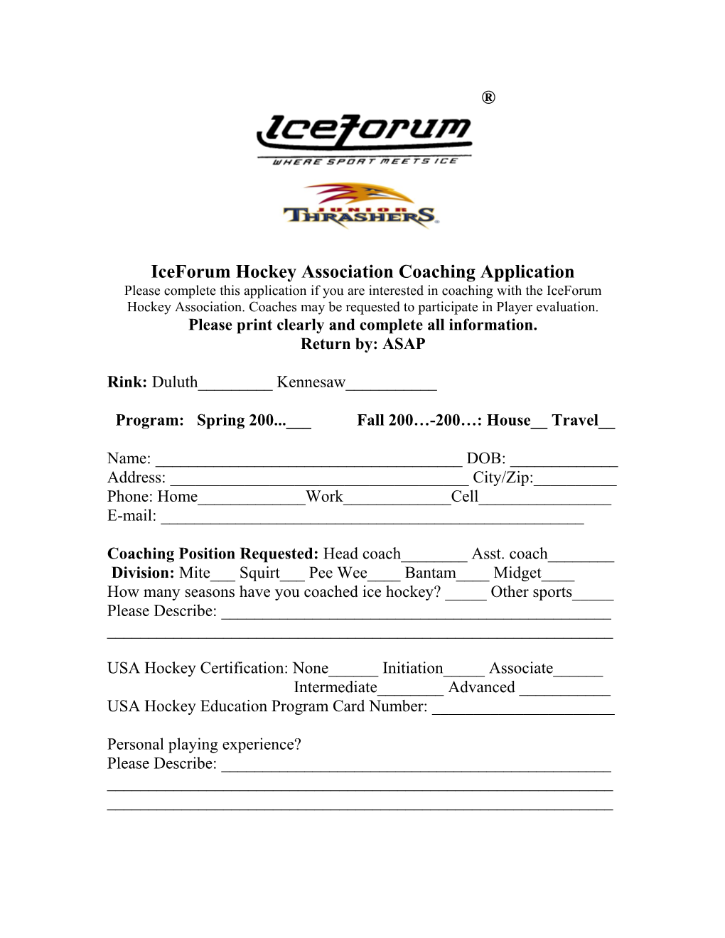 Iceforum Hockey Association Coaching Application