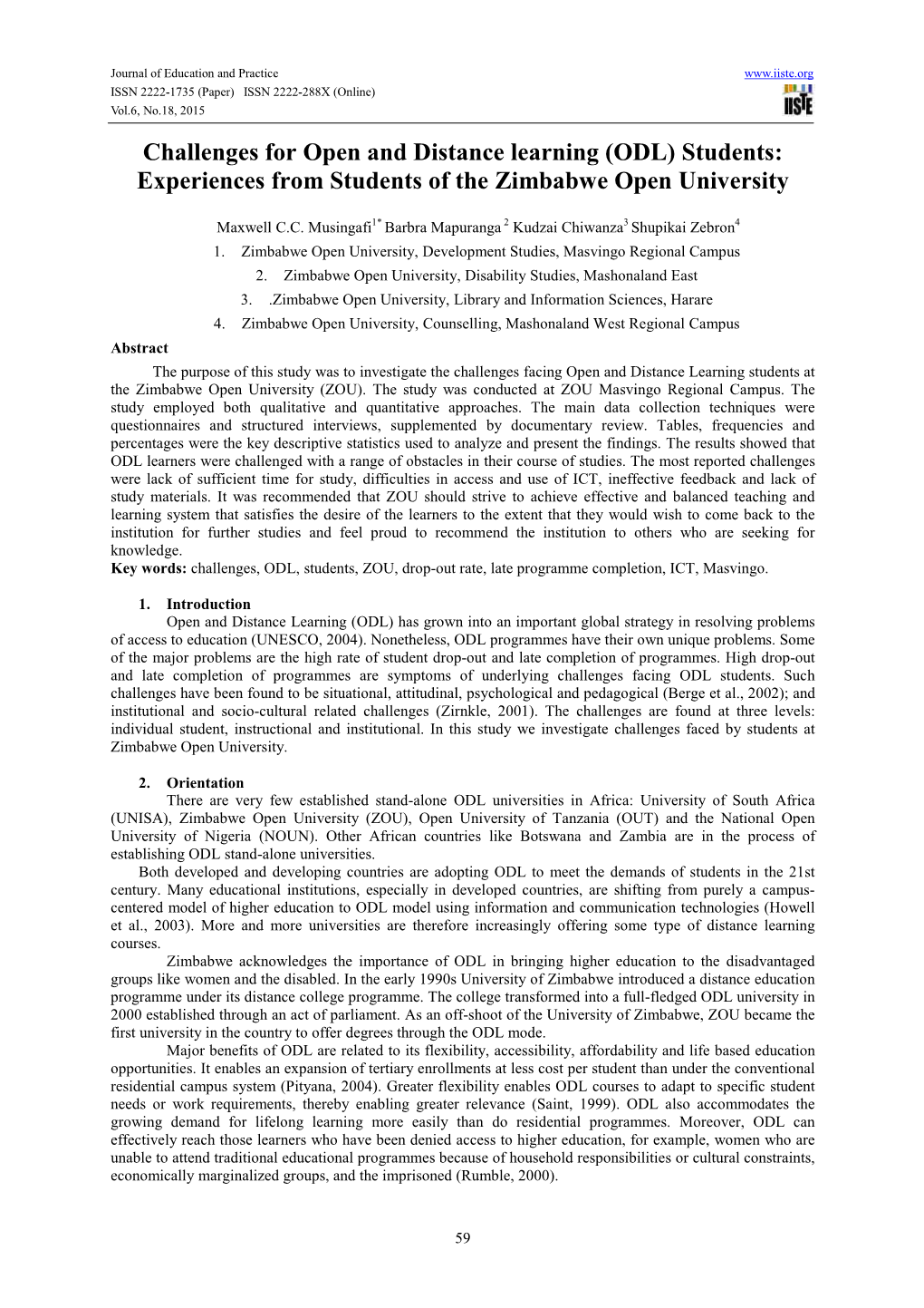 Challenges for Open and Distance Learning (ODL) Students: Experiences from Students of the Zimbabwe Open University