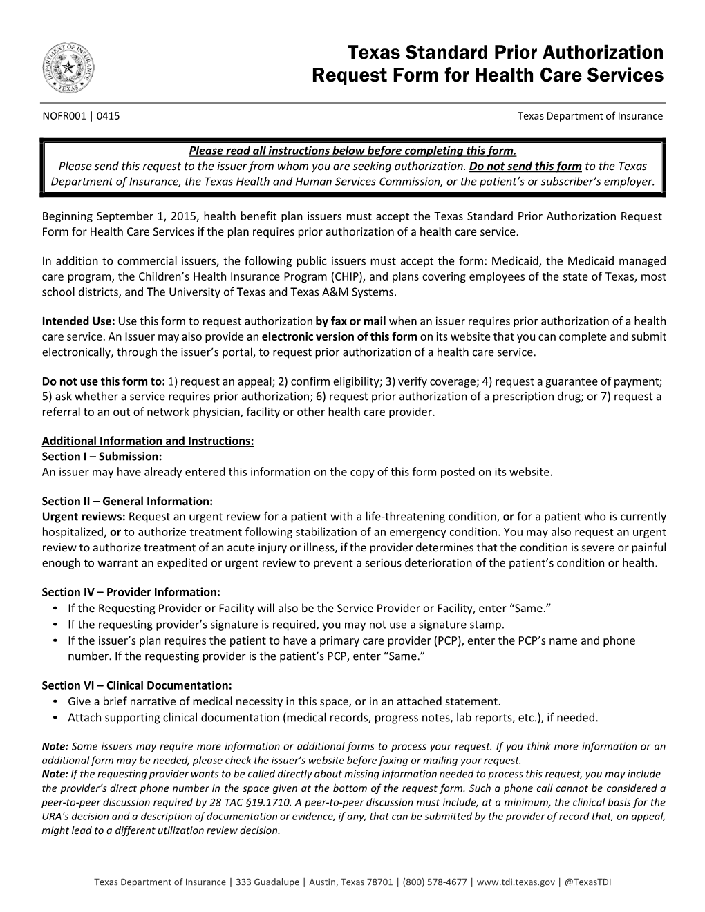 Texas Standard Prior Authorization Request Form for Health Care Services