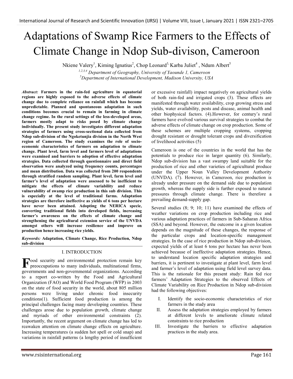 Adaptations of Swamp Rice Farmers to the Effects of Climate Change in Ndop Sub-Divison, Cameroon