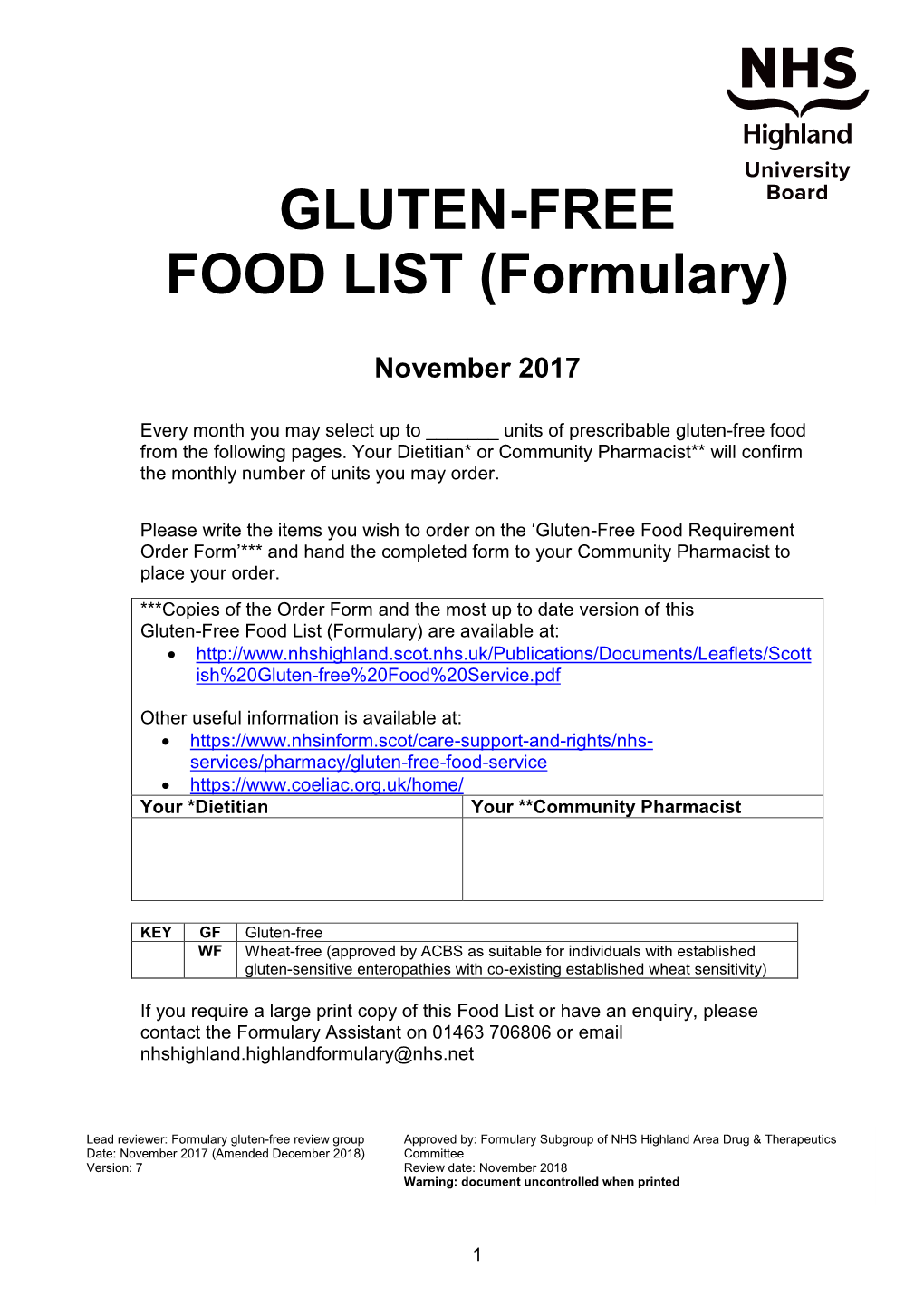 GLUTEN-FREE FOOD LIST (Formulary)