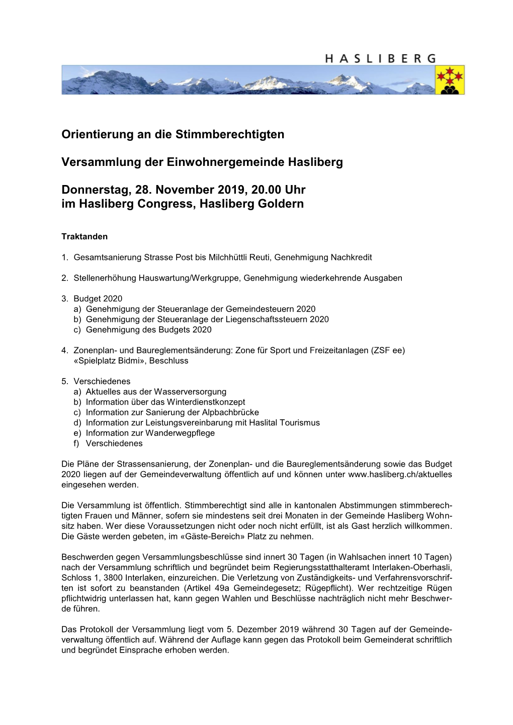 Orientierung an Die Stimmberechtigten Versammlung