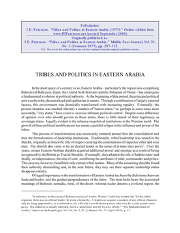 Tribes and Politics in Eastern Arabia (1977).” Online Edition from (Posted September 2000) Originally Published As: J.E