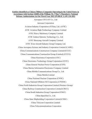 Entities Identified As Chinese Military Companies Operating in the United States in Accordance with Section 1260H of the William M