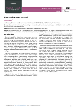 Advances in Cancer Research Hariharan U*