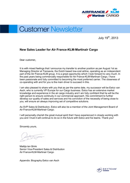 July 19 , 2013 New Sales Leader for Air France-KLM-Martinair Cargo