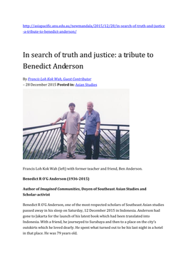 In Search of Truth and Justice: a Tribute to Benedict Anderson