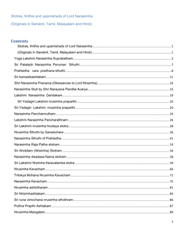 Contents Stotras, Krithis and Upamishads of Lord Narasimha