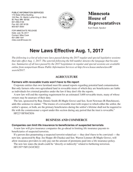 Minnesota House of Representatives New Laws Effective Aug. 1, 2017