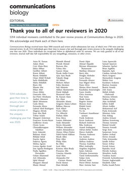 Thank You to All of Our Reviewers in 2020