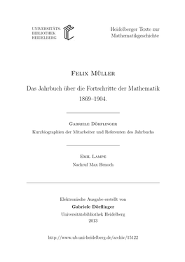 Felix Müller Das Jahrbuch Über Die Fortschritte Der Mathematik 1869–1904