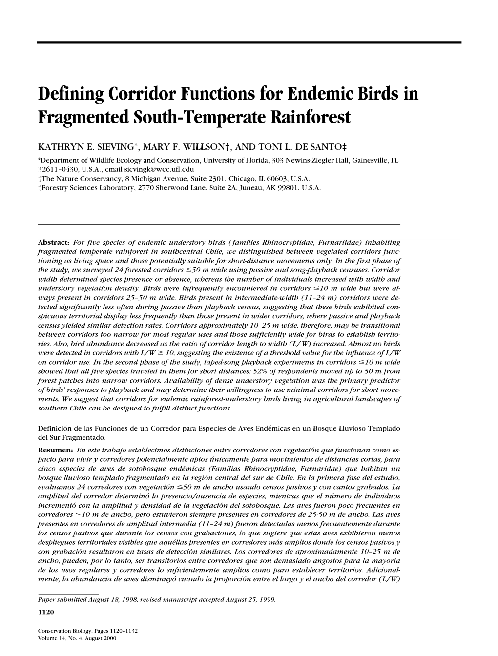 Defining Corridor Functions for Endemic Birds in Fragmented South-Temperate Rainforest
