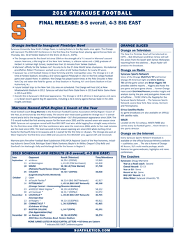 2010 SYRACUSE FOOTBALL FINAL RELEASE: 8-5 Overall, 4-3 BIG EAST