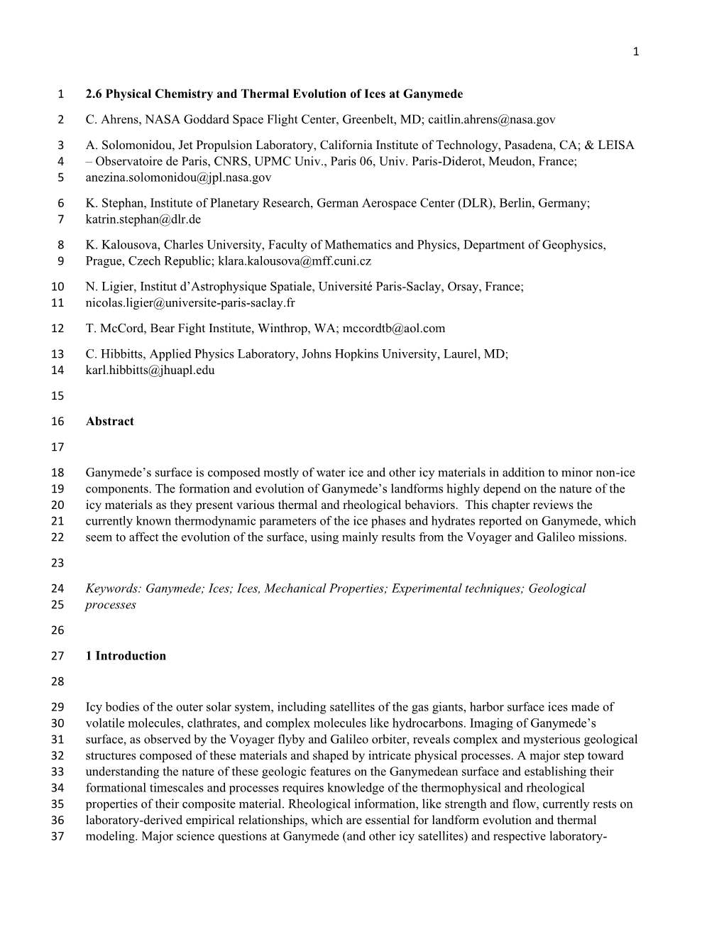 1 2.6 Physical Chemistry and Thermal Evolution of Ices at Ganymede 1 C