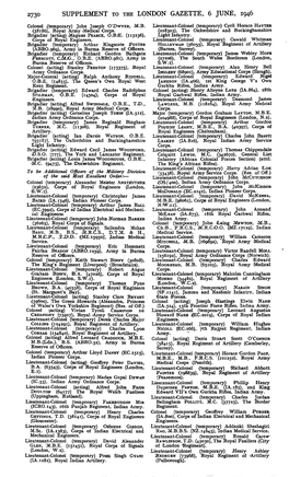 2730 SUPPLEMENT to the LONDON GAZETTE, 6 JUNE, 1946 Colonel .(Temporary) John Joseph O'dwyer, M.B