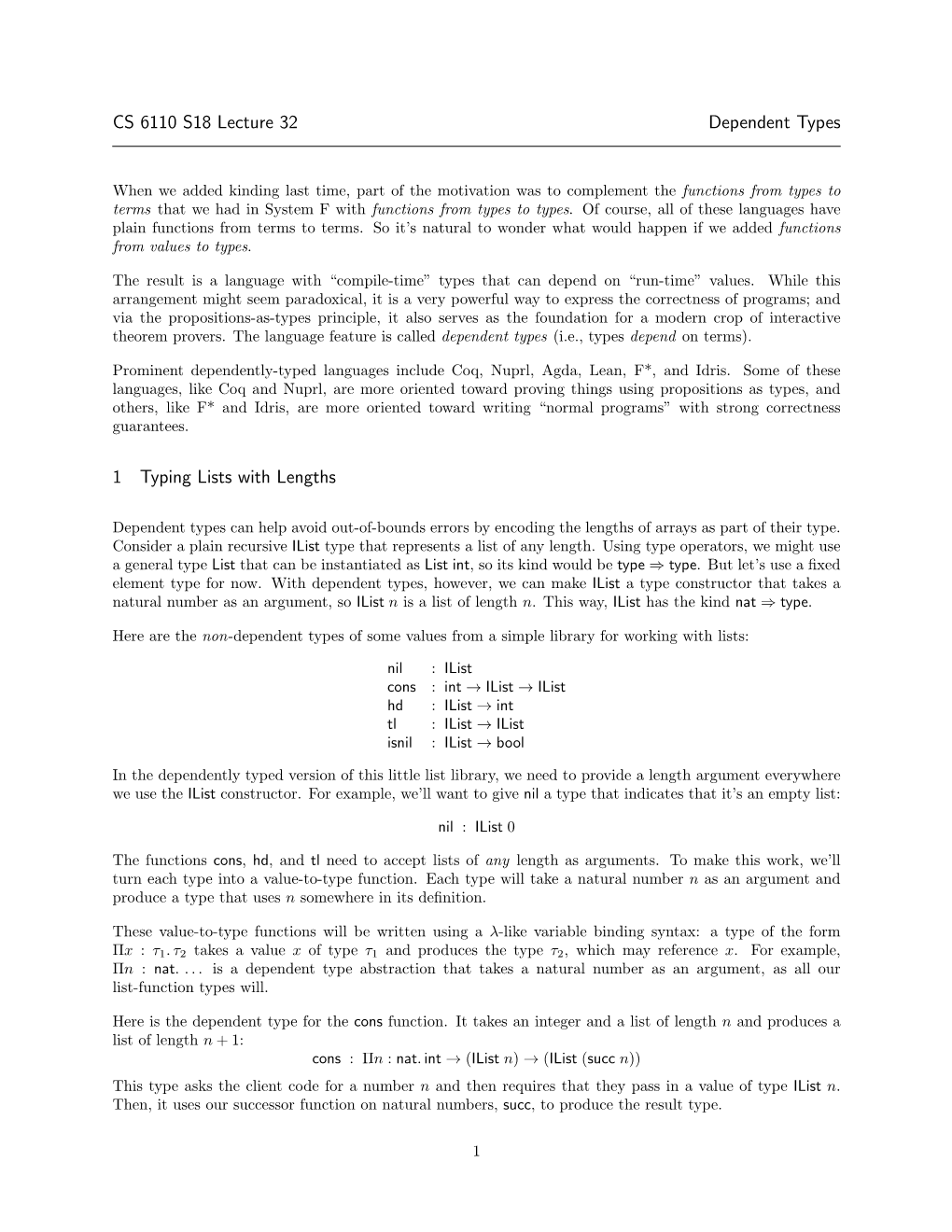 CS 6110 S18 Lecture 32 Dependent Types 1 Typing Lists with Lengths