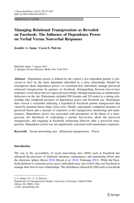 Managing Relational Transgressions As Revealed on Facebook: the Inﬂuence of Dependence Power on Verbal Versus Nonverbal Responses