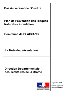 Plan De Prévention Des Risques Naturels – Inondation Commune De PLAISIANS Bassin Versant De L'ouvèze 1 – Note De Présenta