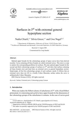 Surfaces in P with Extremal General Hyperplane Section