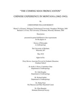Coming Man from Canton: Chinese Experience in Montana (1862-1943)