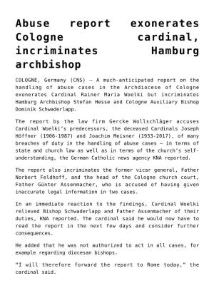 Abuse Report Exonerates Cologne Cardinal, Incriminates Hamburg Archbishop
