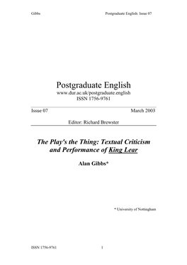 Textual Criticism and Performance of King Lear Alan Gibbs