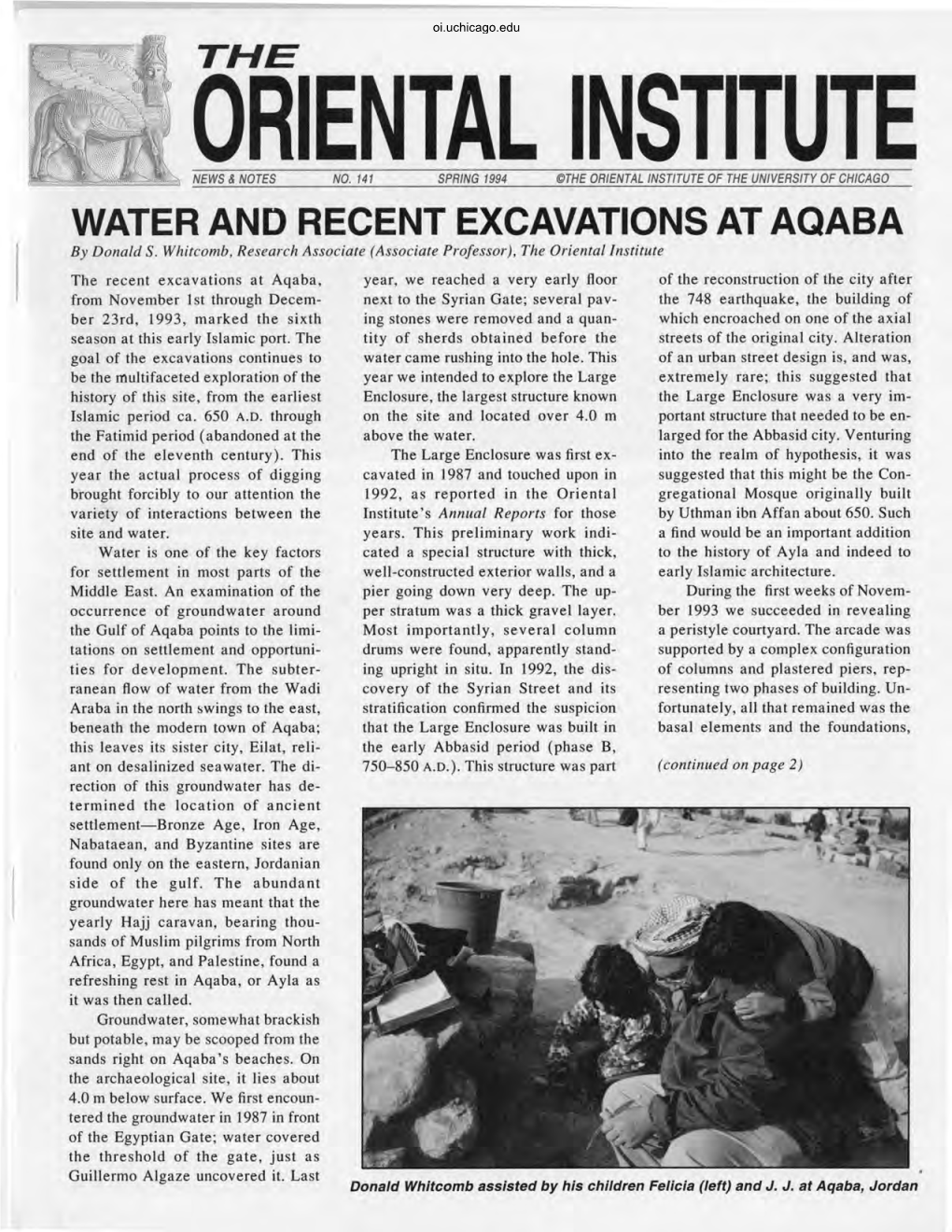 WATER and RECENT EXCAVATIONS at AQABA by Donald S