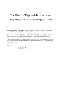 The Birth of Psychedelic Literature: Drug Writing and the Rise of LSD Therapy 1954 – 1964
