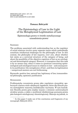 The Epistemology of Law in the Light of the Metaphysical Legitimation of Law Epistemologia Prawa W Świetle Metafizycznego Uzasadnienia Prawa1