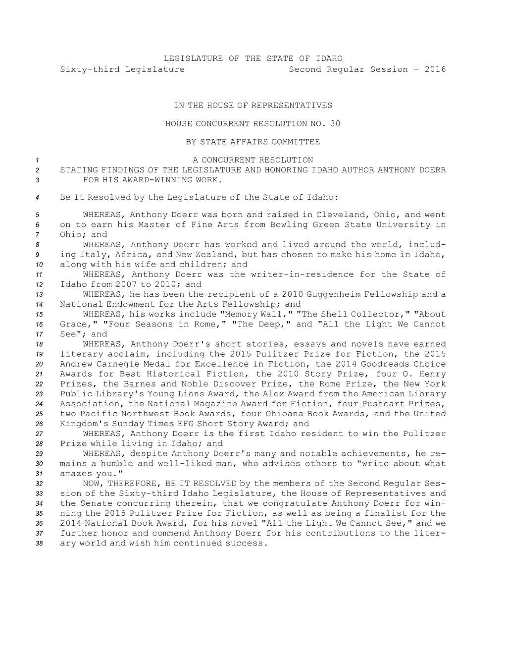 House Concurrent Resolution No.30 (2016