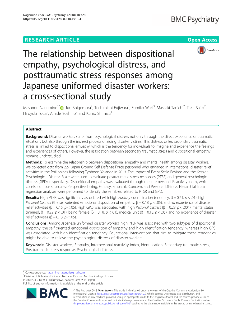 The Relationship Between Dispositional Empathy, Psychological Distress, and Posttraumatic Stress Responses Among Japanese Unifor