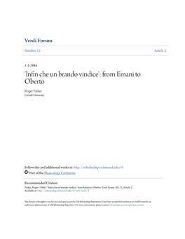 'Lnfin Che Un Brando Vindice': from Emani to Oberto Roger Parker Cornell University