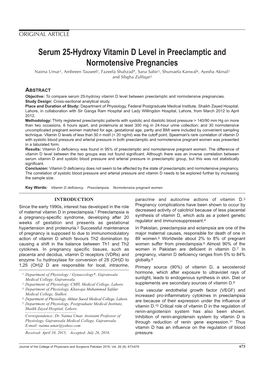 Serum 25-Hydroxy Vitamin D Level in Preeclamptic and Normotensive