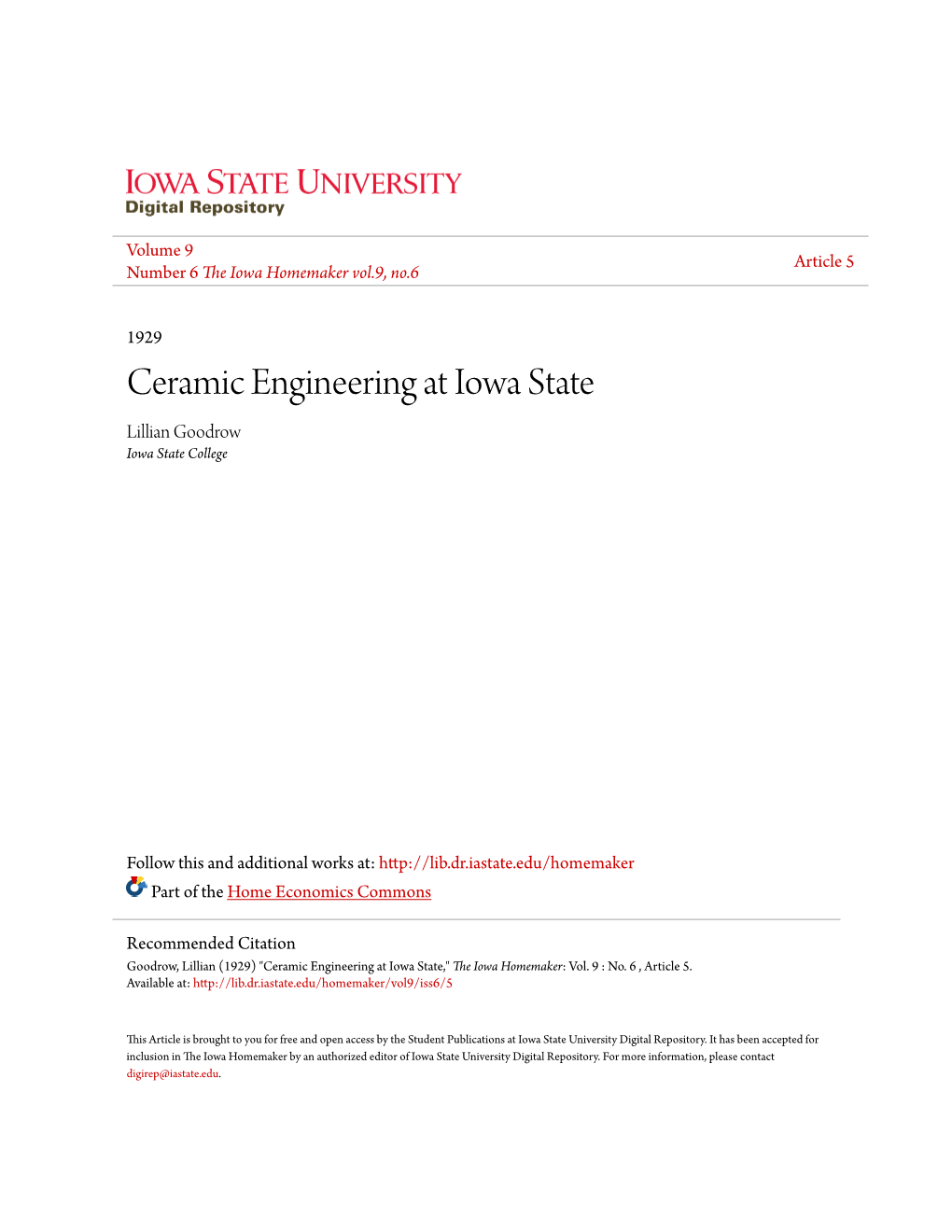 Ceramic Engineering at Iowa State Lillian Goodrow Iowa State College