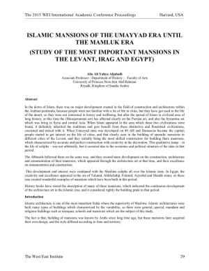 Islamic Mansions of the Umayyad Era Until the Mamluk Era (Study of the Most Important Mansions in the Levant, Irag and Egypt)