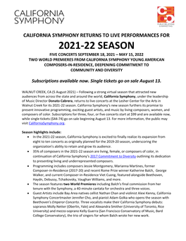 California Symphony Returns to Live Performances for 2021/22 Season