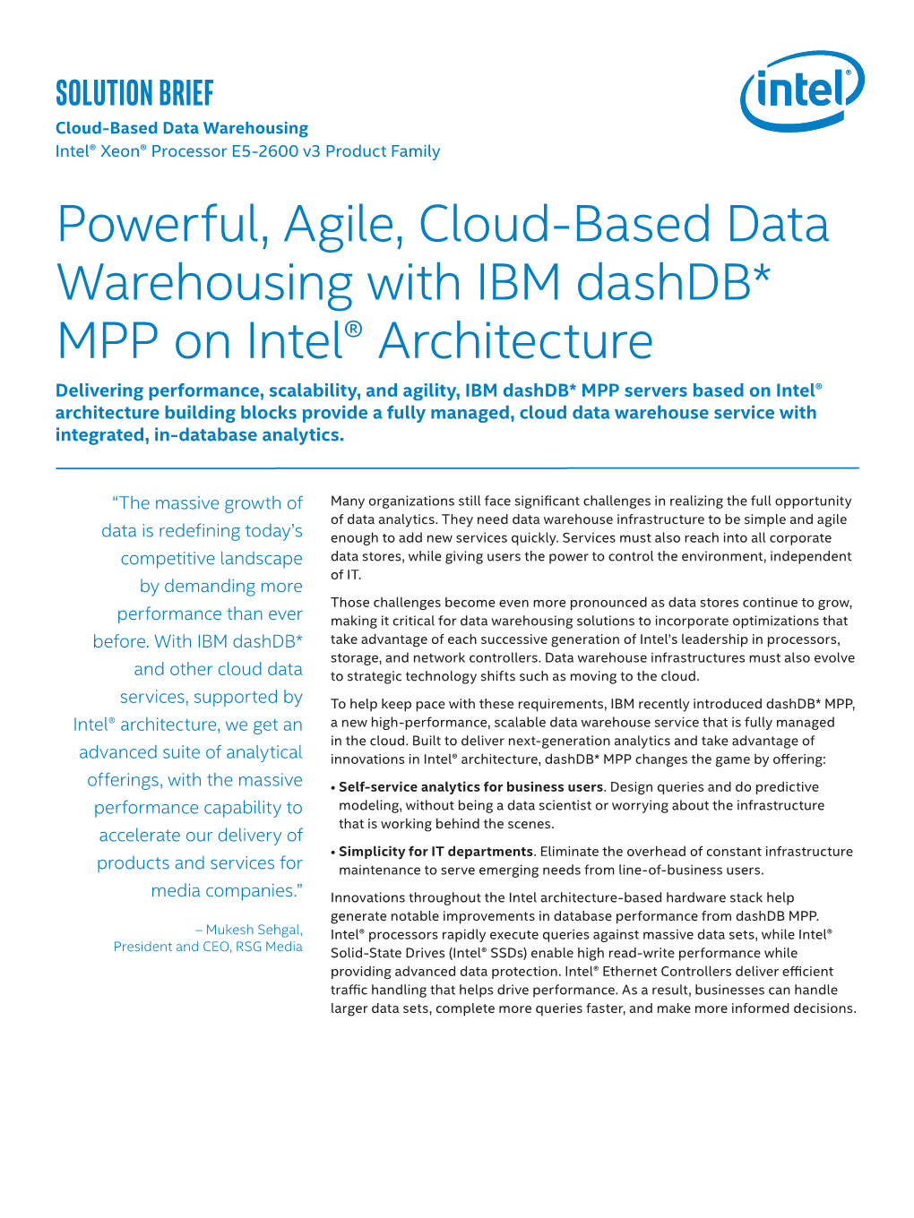 Cloud-Based Data Warehousing with IBM Dashdb* MPP and Intel