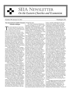 SEIA NEWSLETTER on the Eastern Churches and Ecumenism ______Number 196: January 31, 2012 Washington, DC