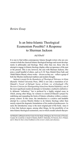 Is an Intra-Islamic Theological Ecumenism Possible? a Response to Sherman Jackson Atif Khalil